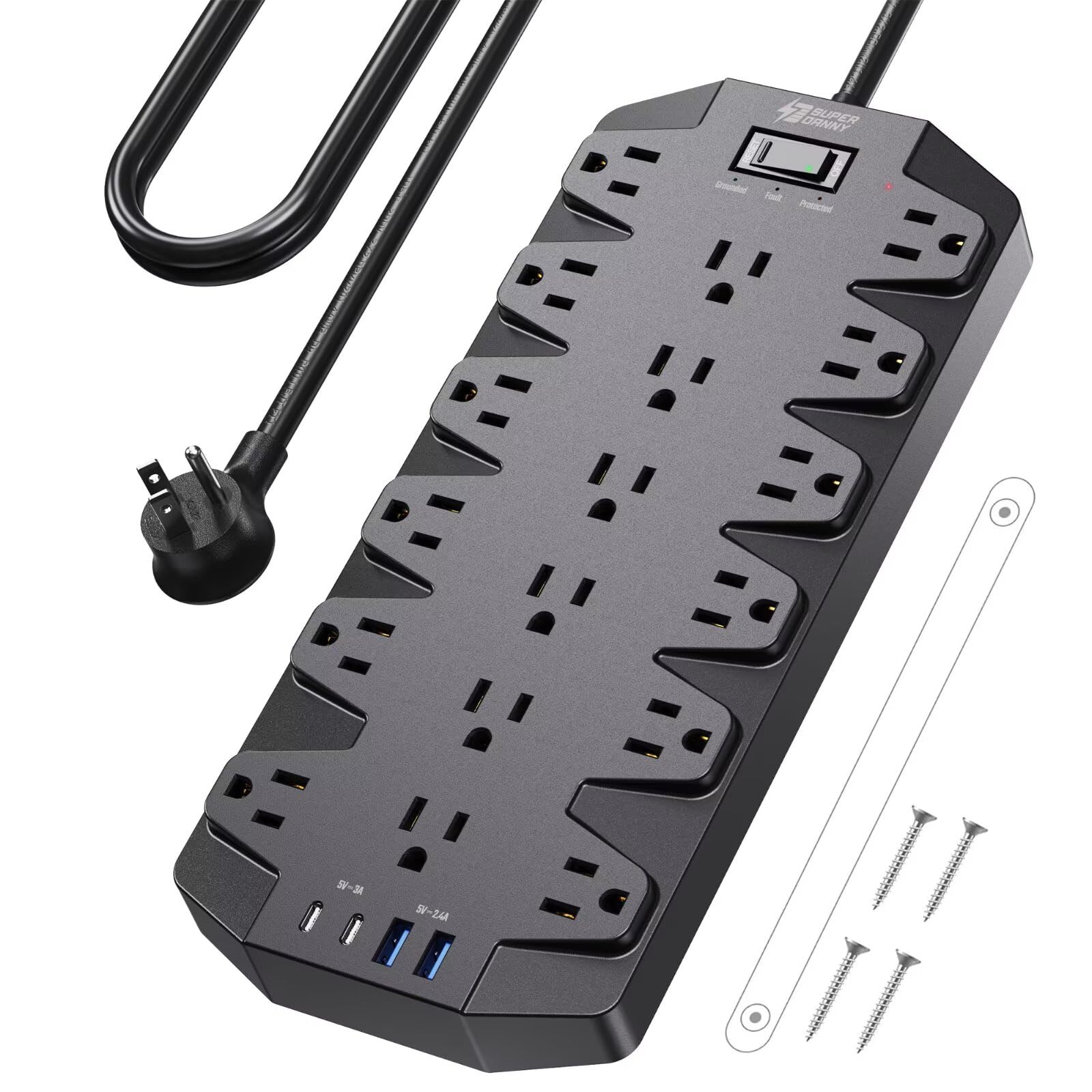 Photo 1 of Surge Protector Power Strip, SUPERDANNY 18 AC Outlets with 4 USB Ports, 1875W/15A, 2100J, 6.5FT Flat Plug Heavy Duty Extension Cord with Wall Mount Holes for Home, Office, Gaming Room,Dorm, Black