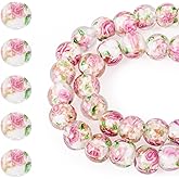 Magibeads 40Pcs 10mm Handmade Gold Sand Lampwork Beads Clear Crystal Glass Beads Strand Round with Flower Loose Spacer Crystal Rosary Bead for Jewelry Making Necklace Bracelet Earring Crafting