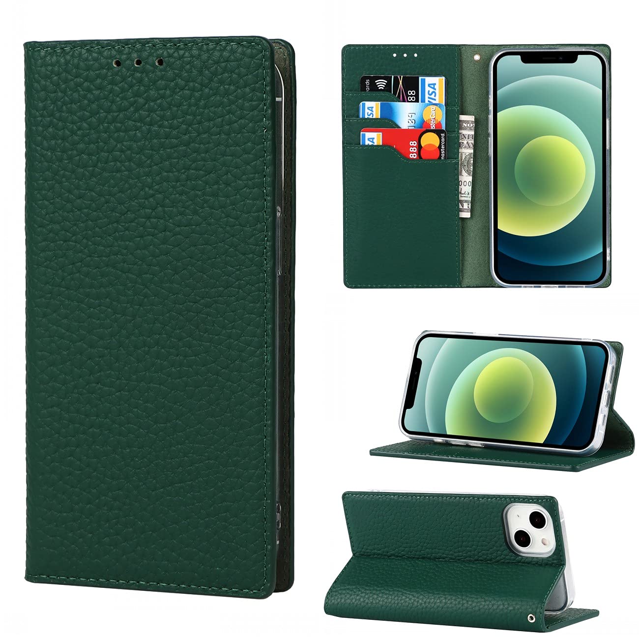 Copmob Case Compatible for iPhone 13,Premium Genuine Leather Flip Wallet Case,[3 Card Slots][Magnetic Closure][RFID-Blocking],Protective Case Cover for iPhone 13 - Dark Green