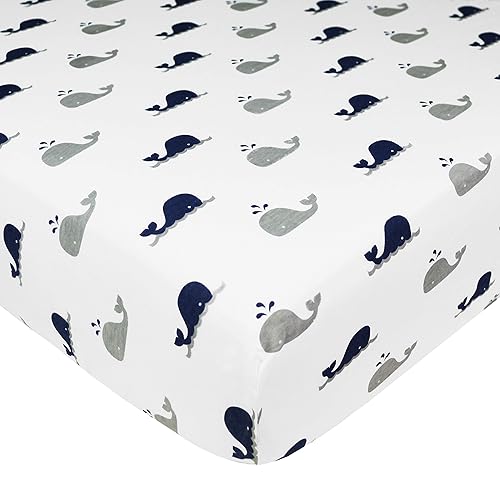 American Baby Company 100% Natural Cotton Fitted Crib Sheet 52" x 28" - Soft, Breathable, Hypoallergenic & Gentle Toddler Bed Sheet, Navy Whale, Neutral for Boys & Girls