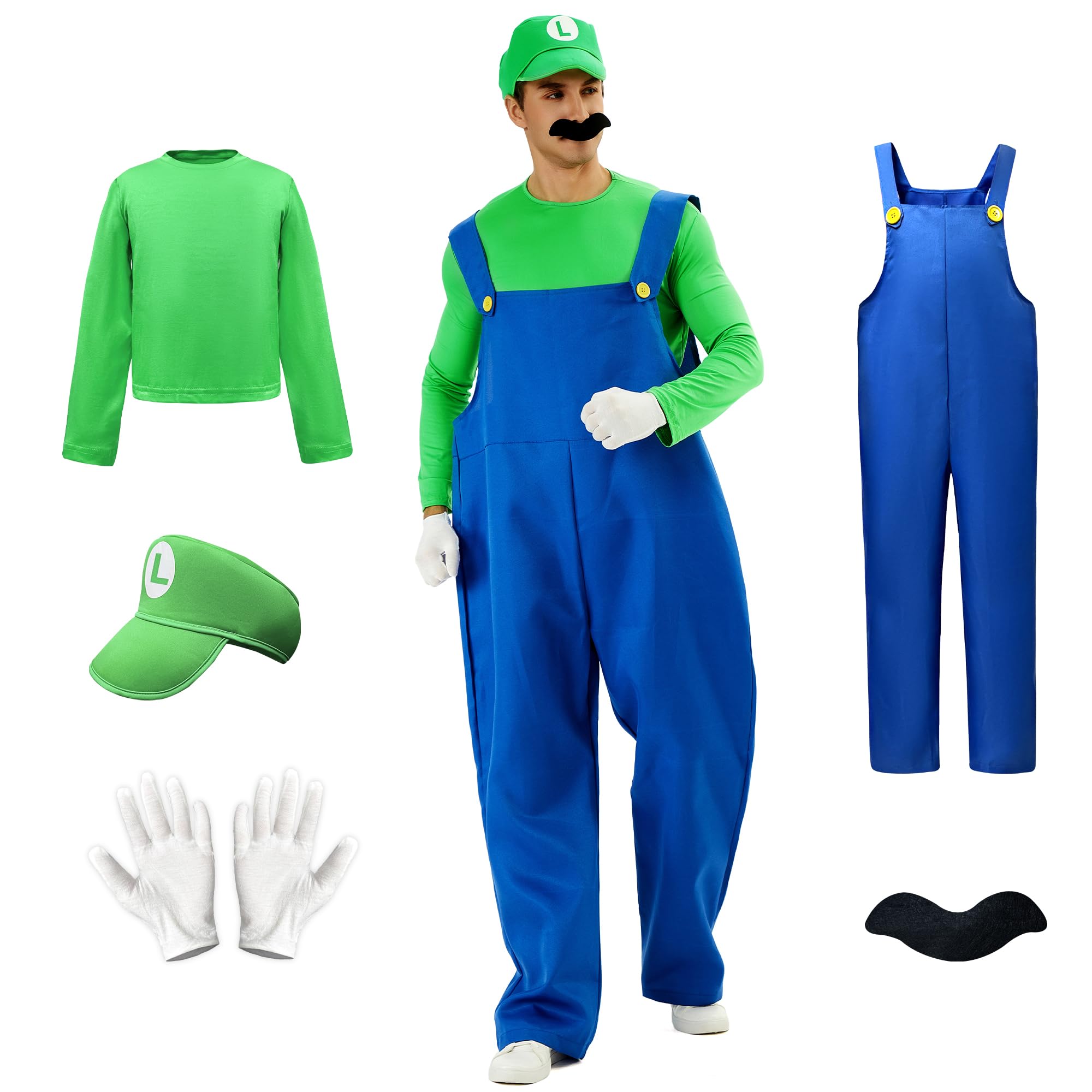 CHALAN Halloween Cosplay Costume, Adult Costume, 5-Piece Set, Overalls, T-Shirt, Hat, Gloves, Mustaches, Costume, Cosplay, Christmas, Event, School Festival, Disguise, Transform Gift, Gift
