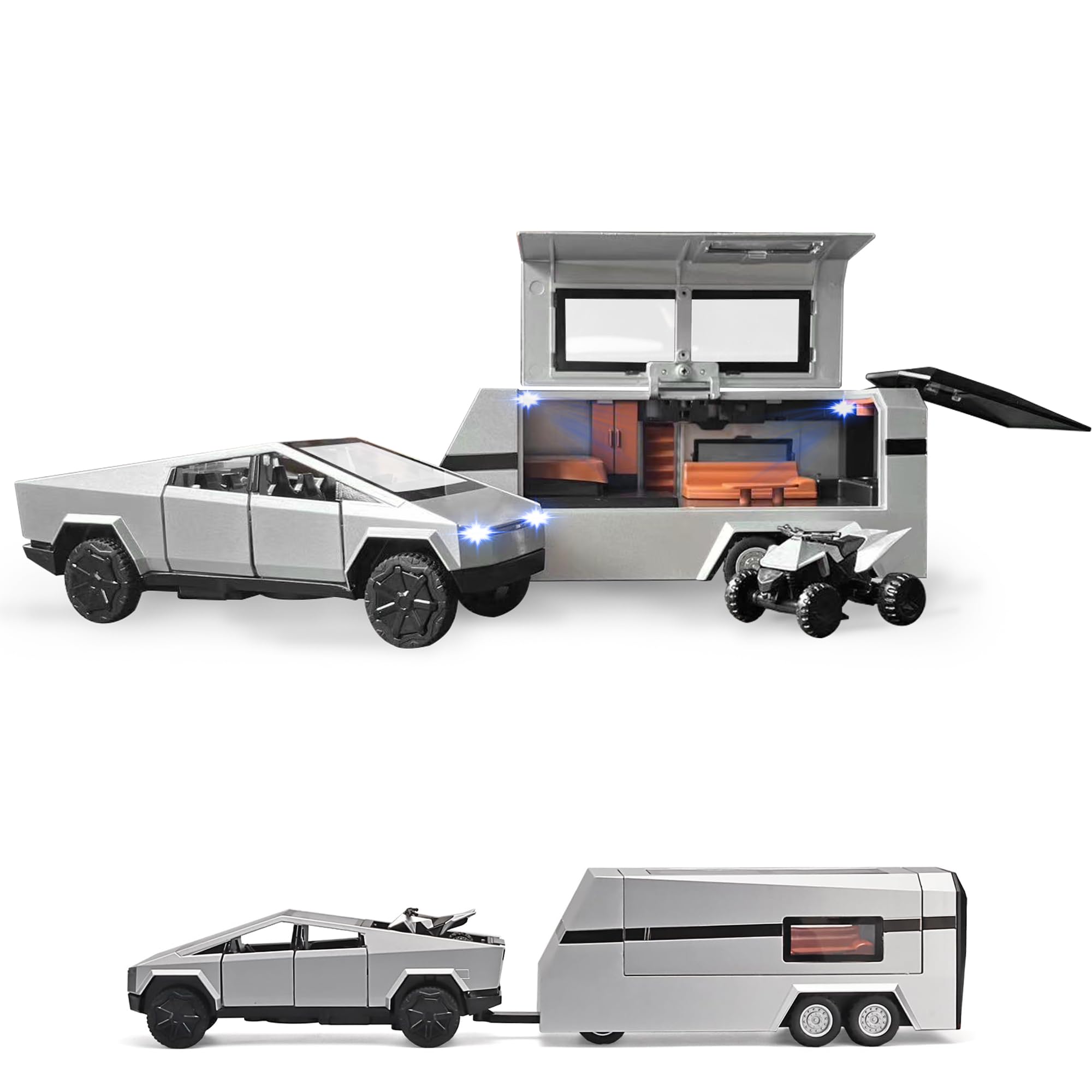Photo 1 of 1/32 PickTruck Toy for Kids, Pickup Trailer RV Model Kit with Beach Motorcycle, Diecast Metal RV Car Model Pickup Truck Toy with Sound/Light/Pull Back Power, Ideal Gift for Boys Aged 6 and Up (Silver)