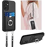 LEMAXELERS Crossbody Wallet Case for Galaxy A16 5G with Card Holder and Ring Stand Kickstand Wrist Strap Lanyard Handbag Purse Phone Case Cover for Samsung Galaxy A16 5G. Black YKB