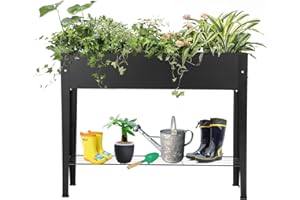 VEOAY Piksedo Raised Garden Bed, Elevated Planter Metal Plant Box with Legs Standing Garden Stand Drainage Holes Frosted Black