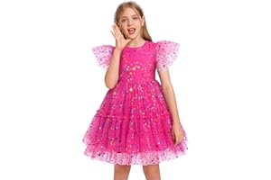 ODOLDI Girls Sequin Dress Toddler Shiny Rainbow Stars Tulle Dresses Ruffle Sleeve Birthday Party Photo Shoot Sparkly Dresses