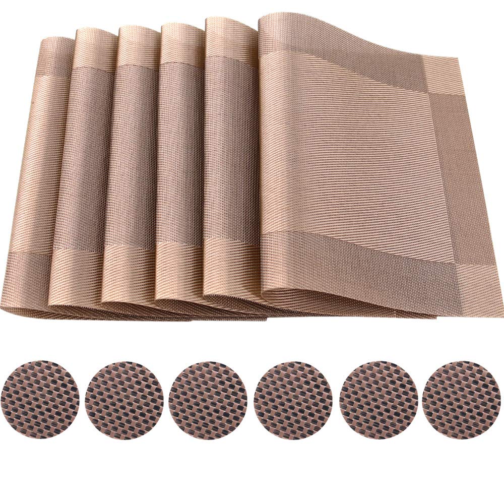 Time to Sparkle Set of 12 PCS Vinyl Woven 6pcs Placemats + 6pcs Coasters Place Mats Non slip Table Mats Waterproof Heat-resistant Dining Table Mats Decor (Champagne Gold) — image 1