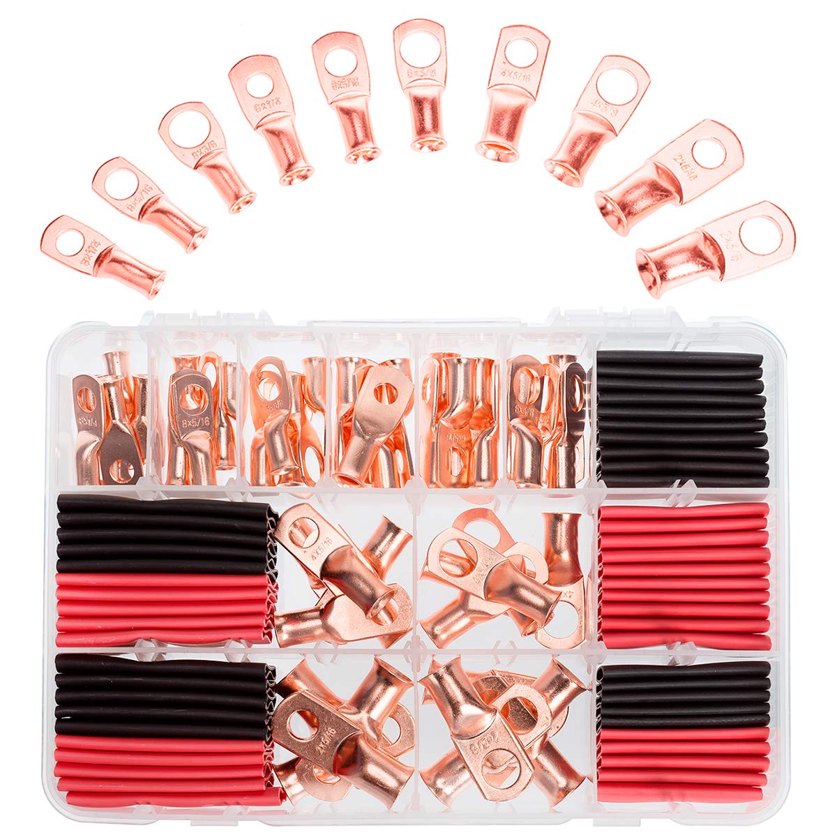 RockDIG 50 pcs AWG 8/6/4/2 Heavy Duty Bare Copper Lugs, Closed End Tubular Ring Terminals, Battery Electrical Cable Wire Connectors Assortment Kit(with 50 pcs Heat Shrink Tubings): Industrial & Scientific