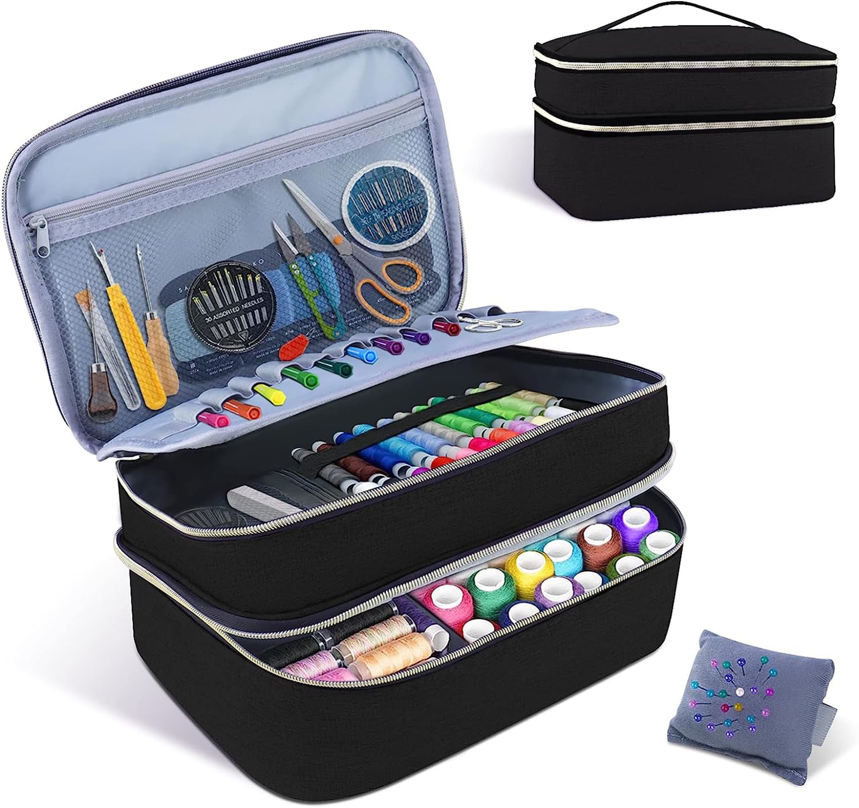 Meichoon Sewing Supplies Storage Bag Designed with a Double-Layer Structure with Multiple Pockets and Compartments Inside DIY & Well Organized Waterproof Protective Convenient Black