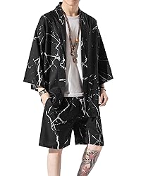 Ambcol Men's Japanese Style Kimono Tops Shorts Sets