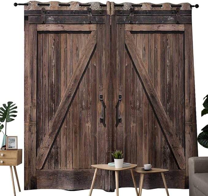 Sliding Door Curtain Rustic Wooden Barn Door in Stone Farmhouse Image