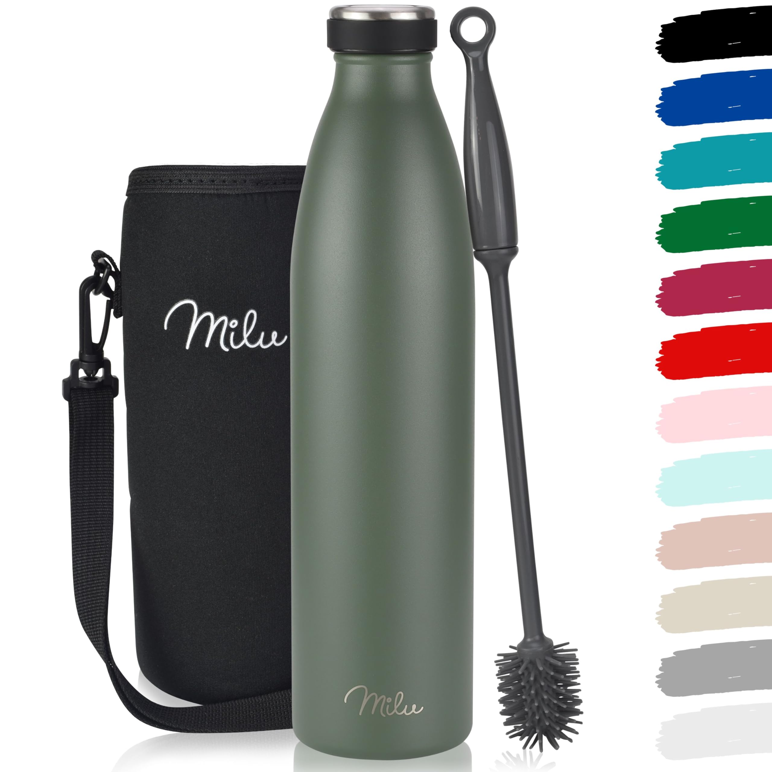 Milu Stainless Steel Drinking Bottle 1000 ml - Insulated Thermo Flask for Water - Leak Proof, Insulated and Double Walled, Carbonated (Olive Green, 1L)