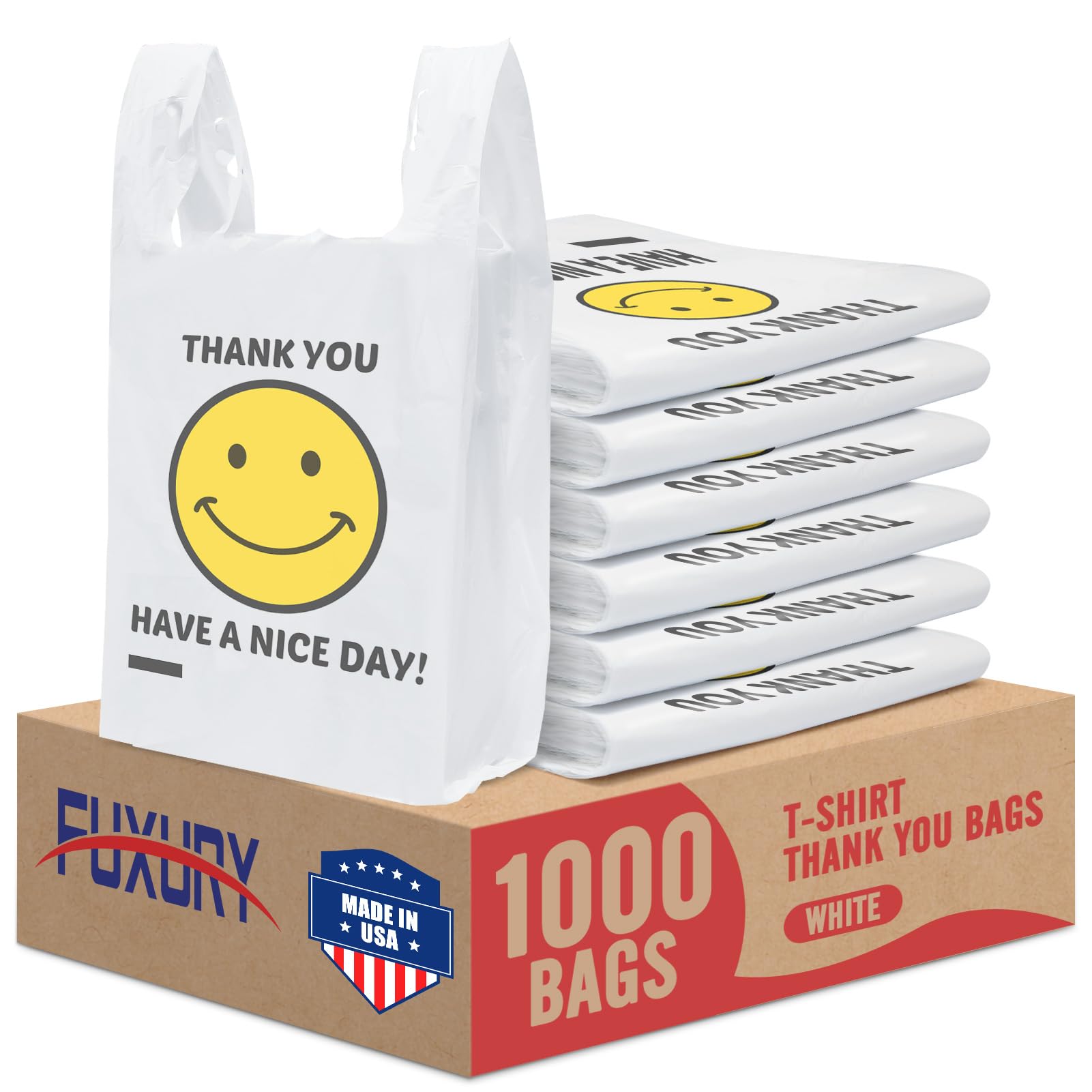 Photo 1 of Fuxury 1000 Count Happy Smiling Face Thank You Plastic Bags (12" x 6.5" x 21") White, Have a Nice Day Bags for T-shirt, Grocery, Take Out, To Go, Retail Shopping in Bulk (Made in USA)