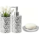 Silver Bathroom Accessories Set 3 PCS, Dispenser, Soap Dish and Vase | Diamond Ceramic Bathroom Accessory Complete Set - Lotion Dispenser, Soap Dish,Vase for Countertop Vanity