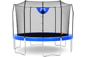 SKYWALKER TRAMPOLINES Skywalker Trampoline Outdoor 8 FT, 12 FT, 15 FT Jump N’ Dunk Round Outdoor Trampoline with Net, Trampoline Mat, and Basketball Hoop for Trampoline