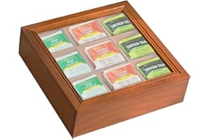 UgyDuky Wood Tea Bag Organizer Wooden Tea Box with 9 Compartments and Clear Acrylic Top Window Tea Bag Holder Multi-Functiona