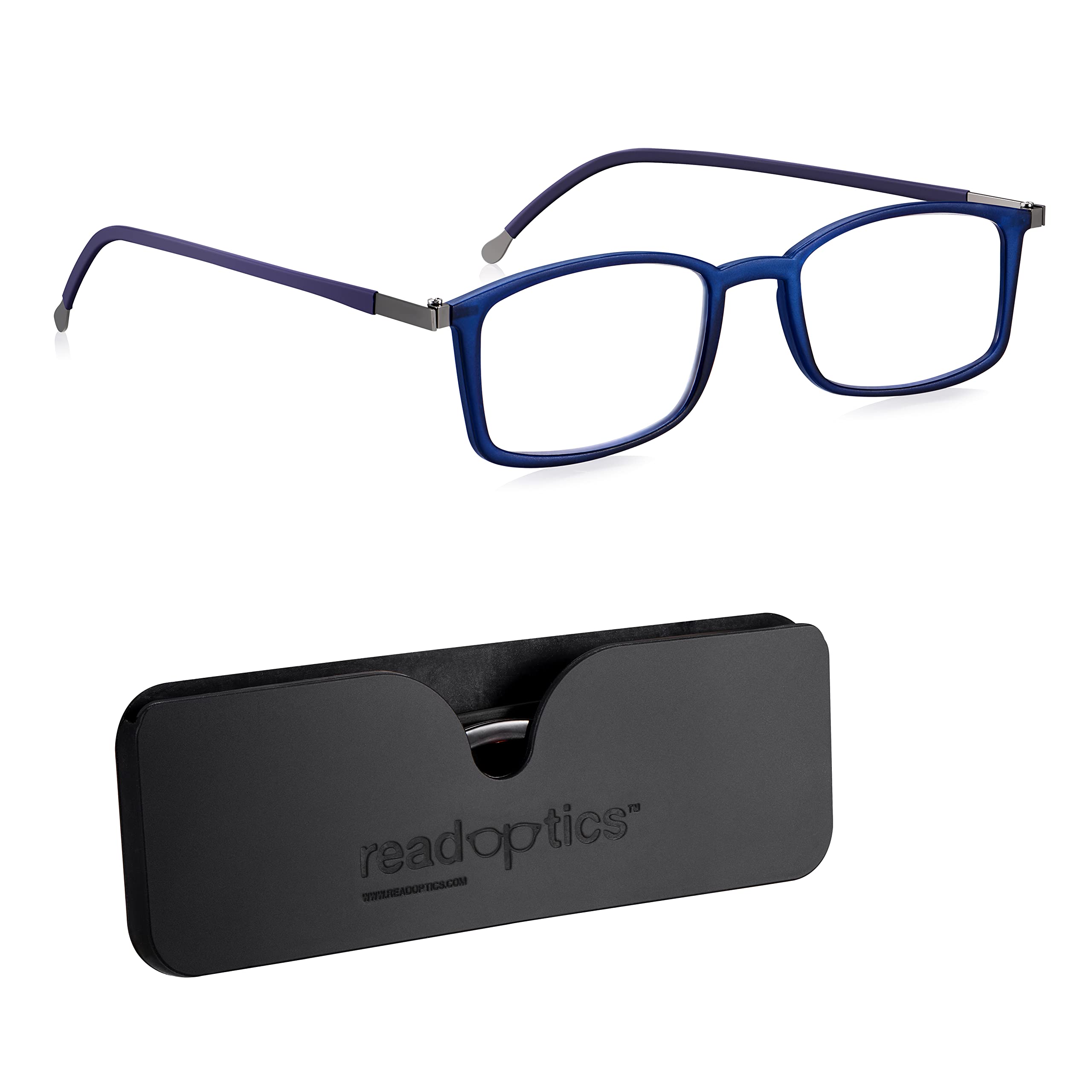 Read Optics Blue Light Glasses Zero Magnification for Computer, Gaming, Digital & TV for Eye Protection, Thin Blue Crystal Flat Folding Frames in Stylish Blue Case