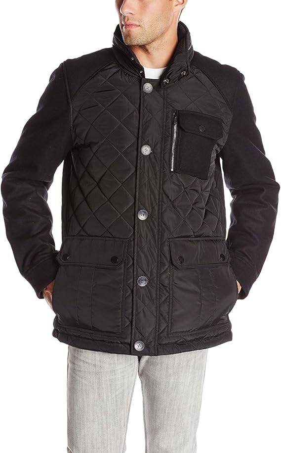 Vince Camuto Men's Quilted MixedMedia Jacket, Black, Small at Amazon