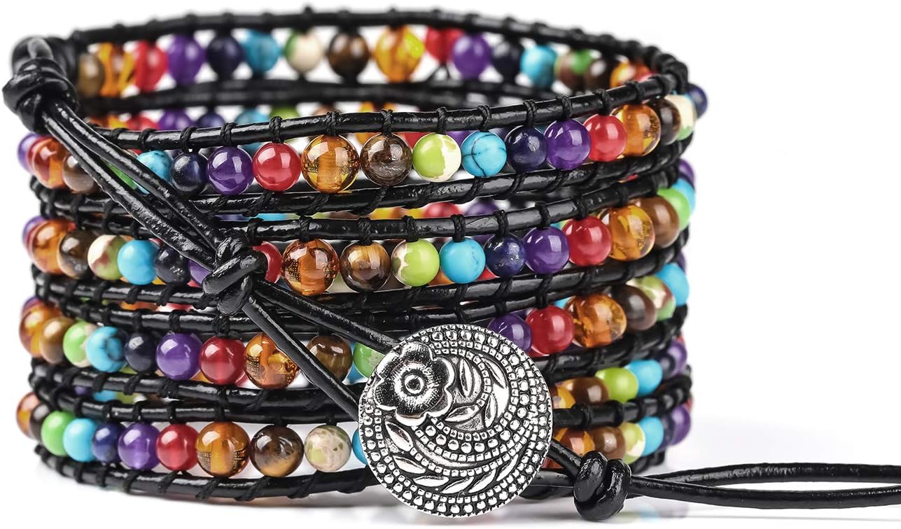 5 Wrap Leather Bead Bracelet for Men Women Cuff Rope Adjustable 7 Chakras Handmade Yoga Healing Stone Beads Bracelet Bangle