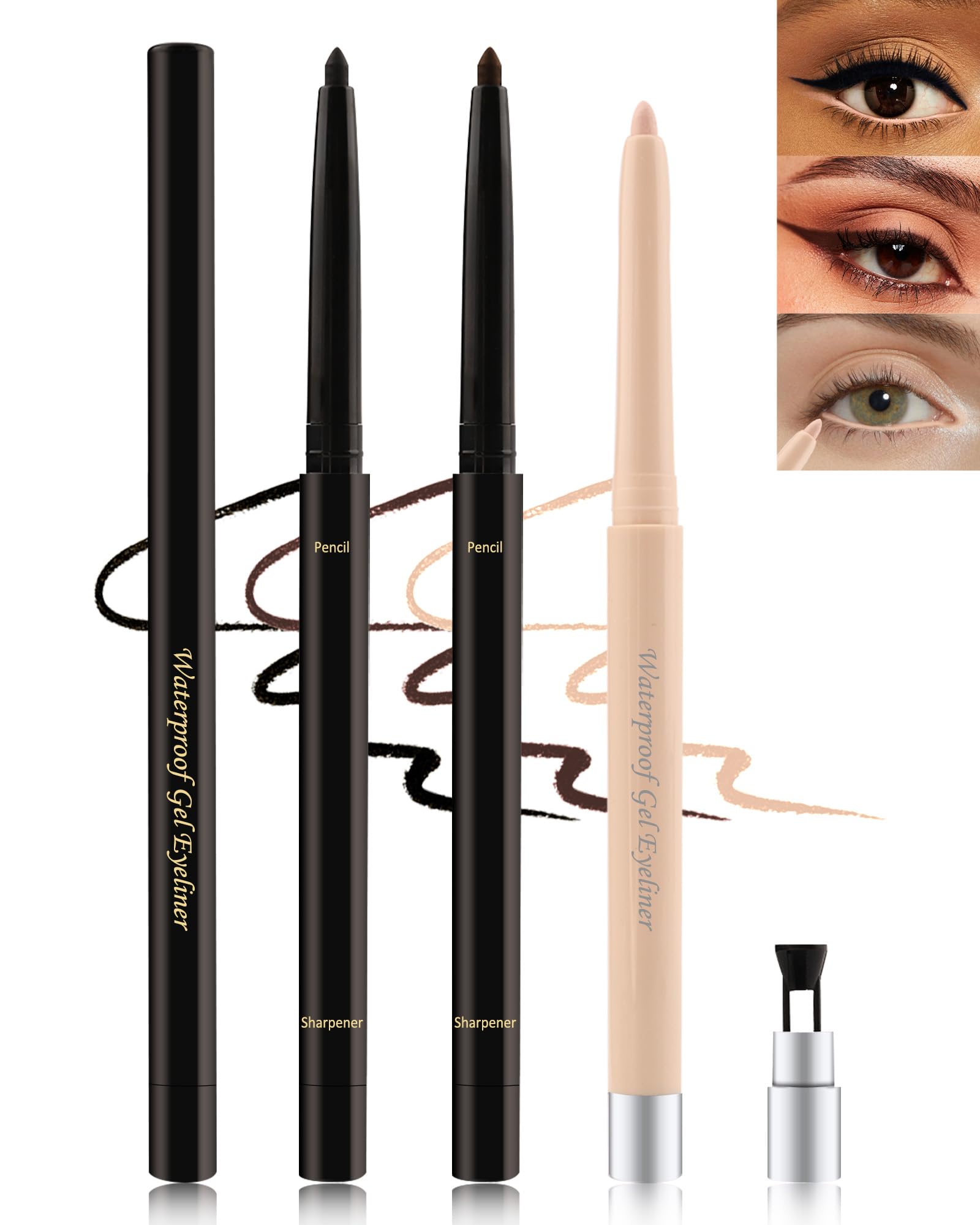 Black+Brown+Nude Waterline Eyeliner Pencil,Smooth Gel Eye Liner Pencils for Older Women, Waterproof Smudge-Proof Retractable Eyeliner Pen, Long Lasting 24H, Liner Tattoo Makeup for Sensitive Eyes-3Pcs