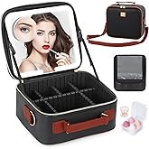 Aiborke Travel Makeup Bag with Led Mirror Make up Case with Lighted Mirror Cosmetic Organizer bag with Adjustable Dividers and 5X Magnifying Mirror Makeup Box Vanity Case for Women