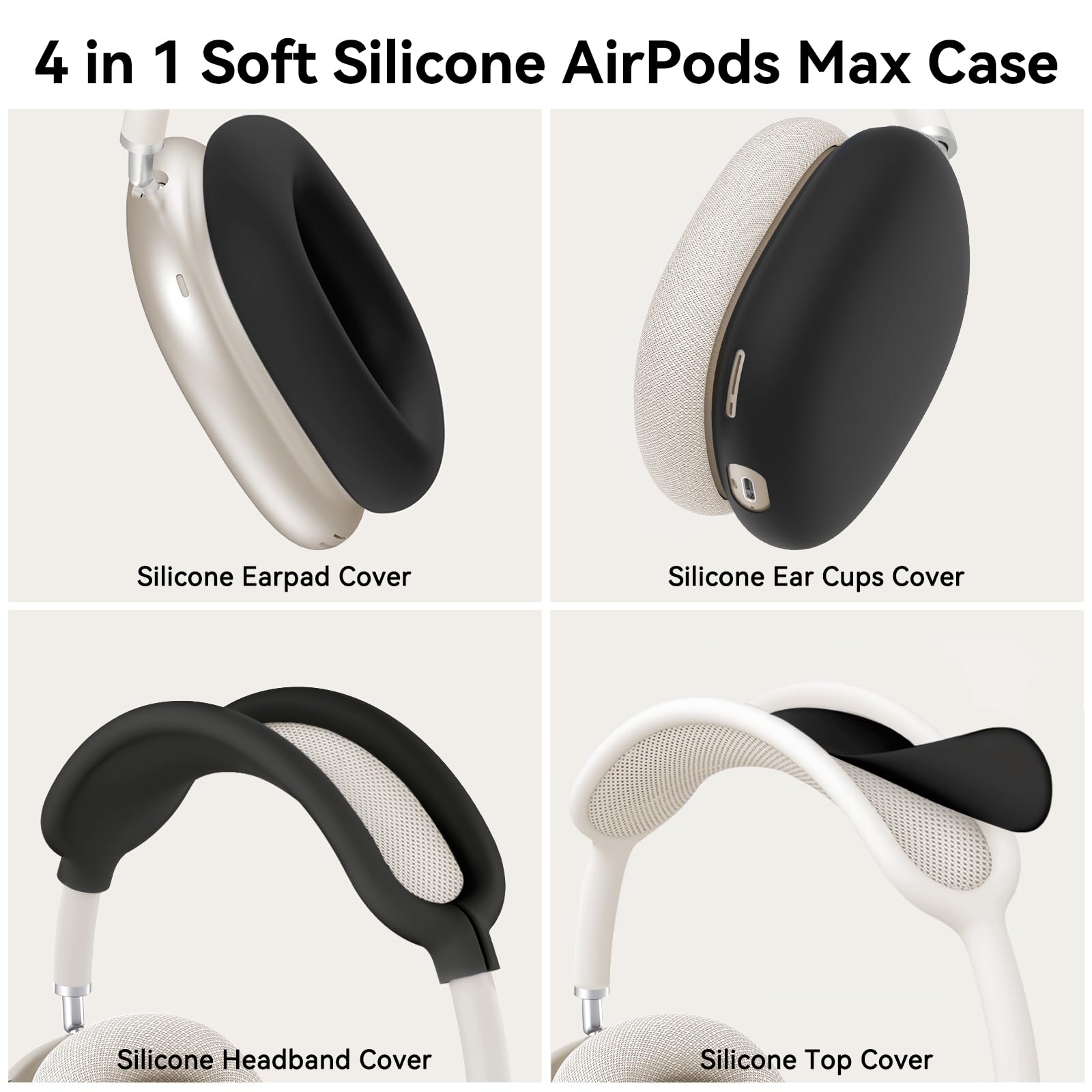 Silicone Case Cover for AirPods Max Headphones with Ear Pad & Cups | Headband Cover | Compatible with USB-C/Lightning (2024/2020) | Accessories Protector | Black