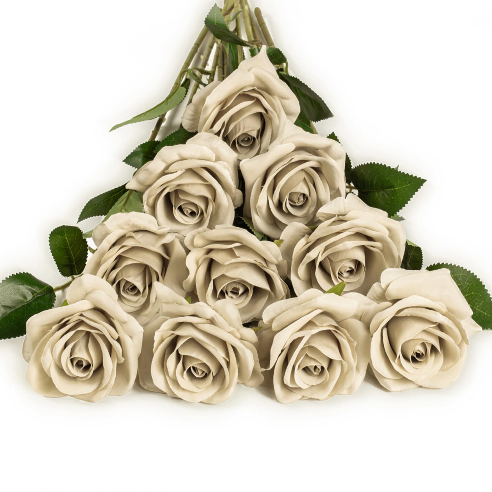 DuHouse 10Pcs Artificial Roses Fake Silk Flowers Realistic Bridal Bouquets with Single Long Plastic Stems for Arrangement Wedding Table Centerpiece Party Home Decor(Reed)