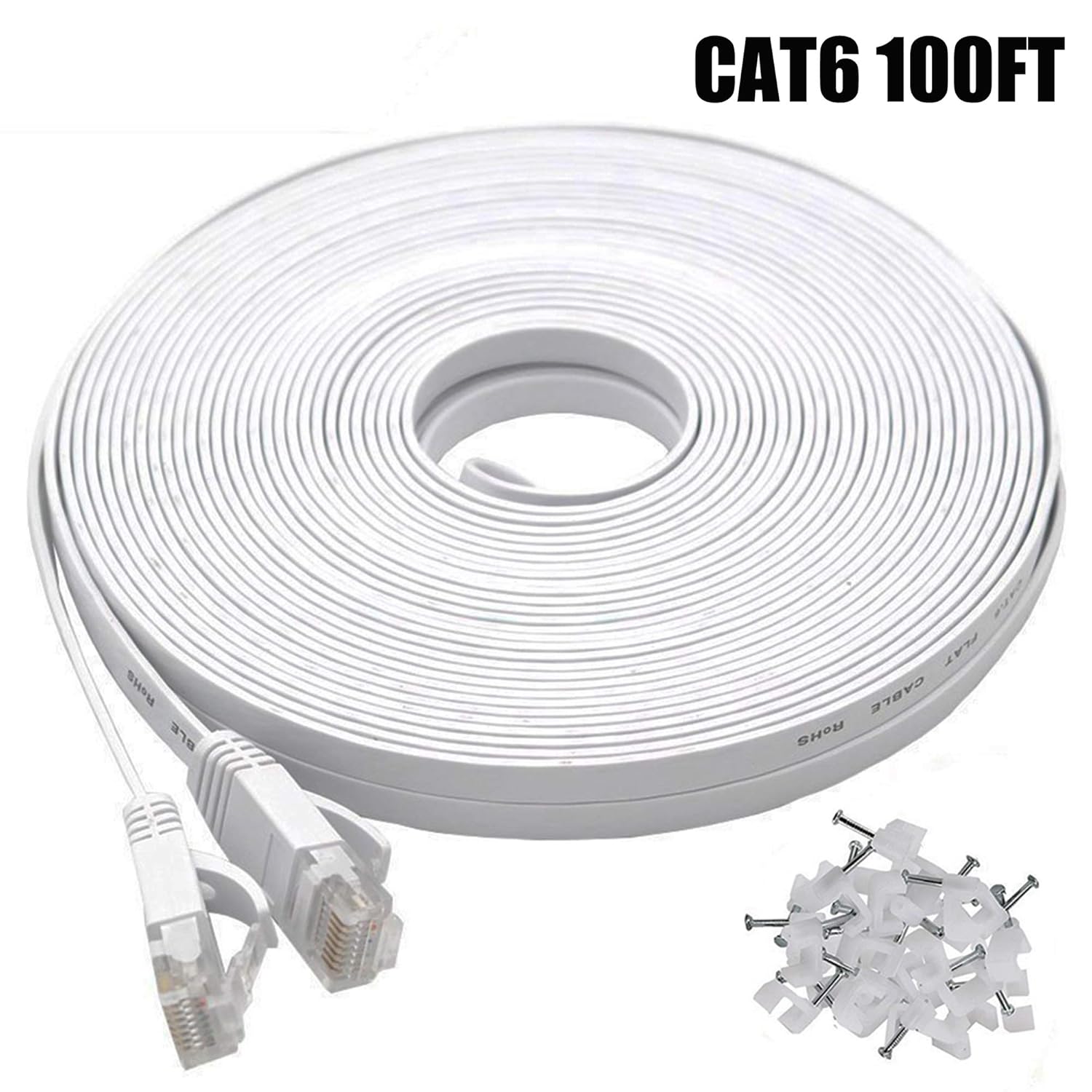 Cat6 Cable 100 Foot White, BUSOHE Cat6 Flat RJ45 Computer