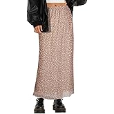 Avanova Women Floral Bohemian Print Mesh Midi Skirt High Waist Lettuce Trim Long Straight Skirt Apricot Floral Medium