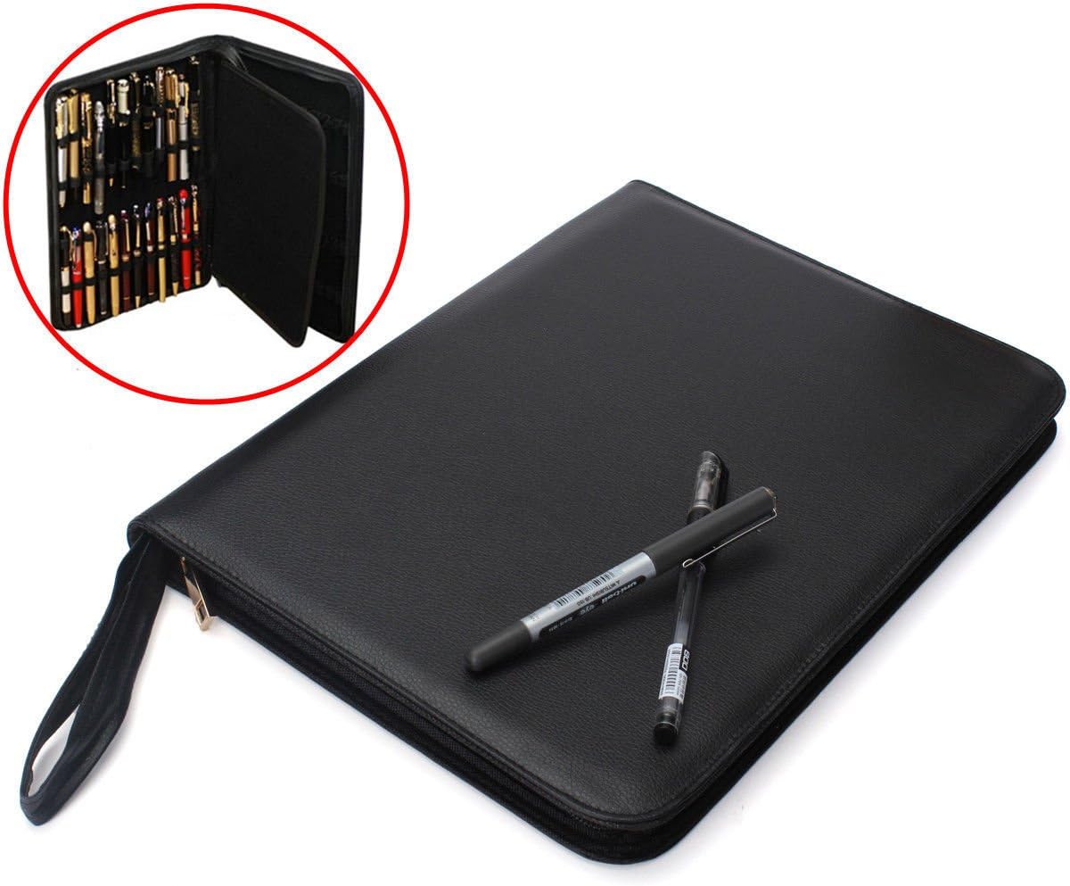 Fountain Pen Case Black Large PU Leather Pen Case for 48 Pen