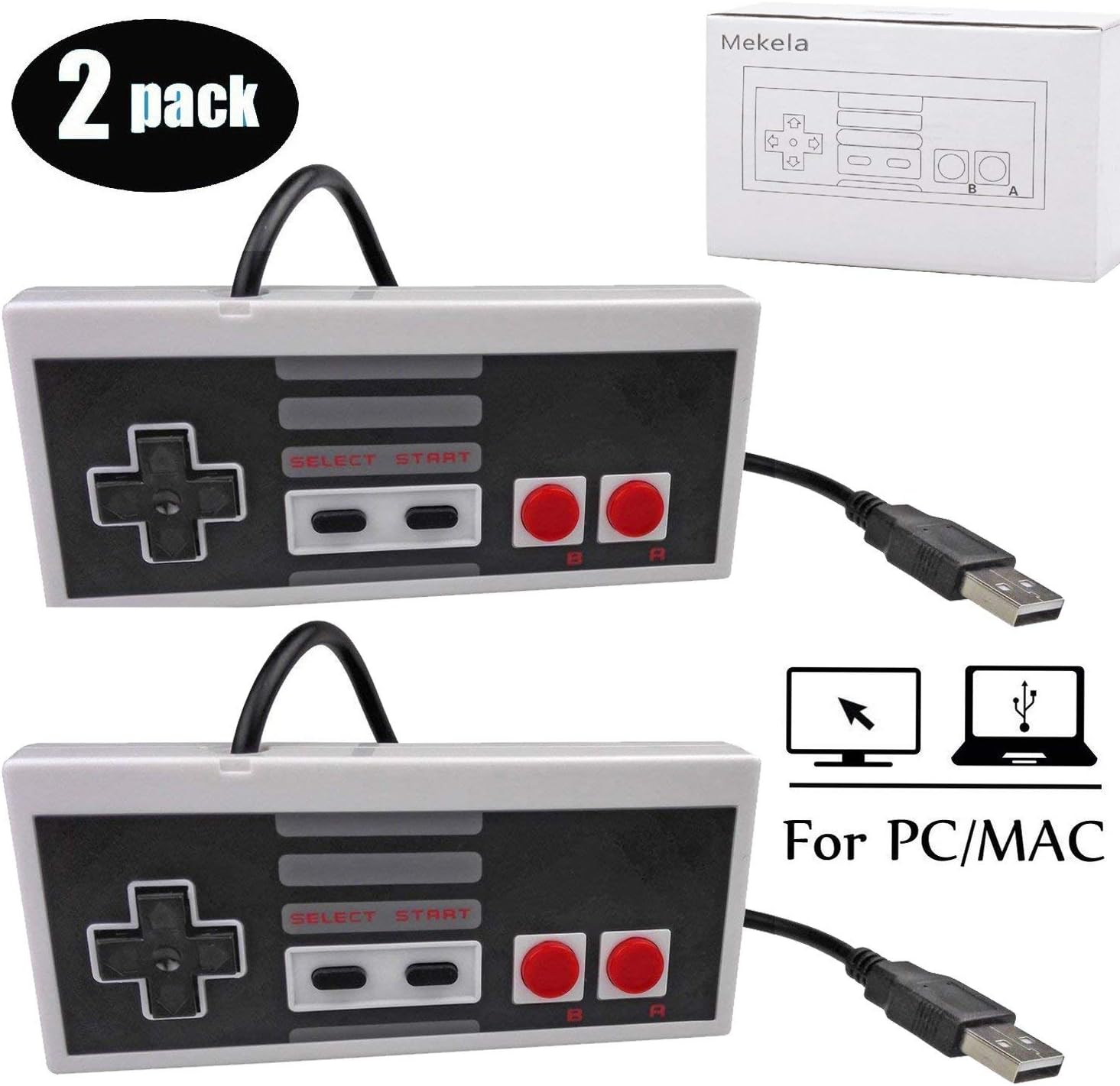 Mekela 2 Packs 5.8 feet Classic USB wired Controller for NES Gaming, Retro Game Pad Joystick Raspberry Pi Gamepad for Windows PC Mac Linux RetroPie NES Emulators (Gray and Gray) (Renewed)