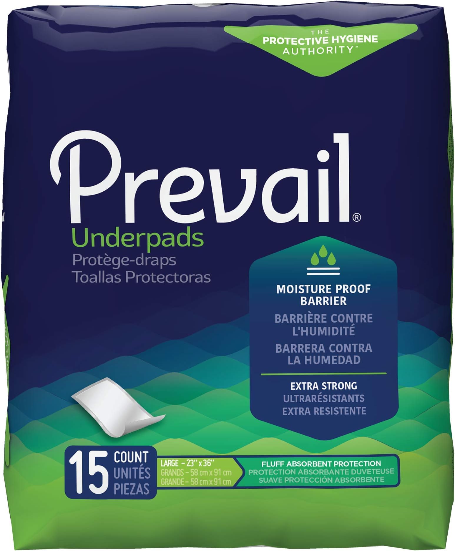 Prevail Underpads, Fluff Absorbent, Large 23" X 36", 15 count