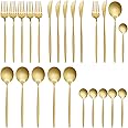 Zalaxt 24 pcs Flatware Set, Gold Stainless Steel Flatware Set for 6, Knife Fork Spoon, Home Dinnerware Tableware Set for 6, Cutlery Set, Include Knives/Forks/Spoons…