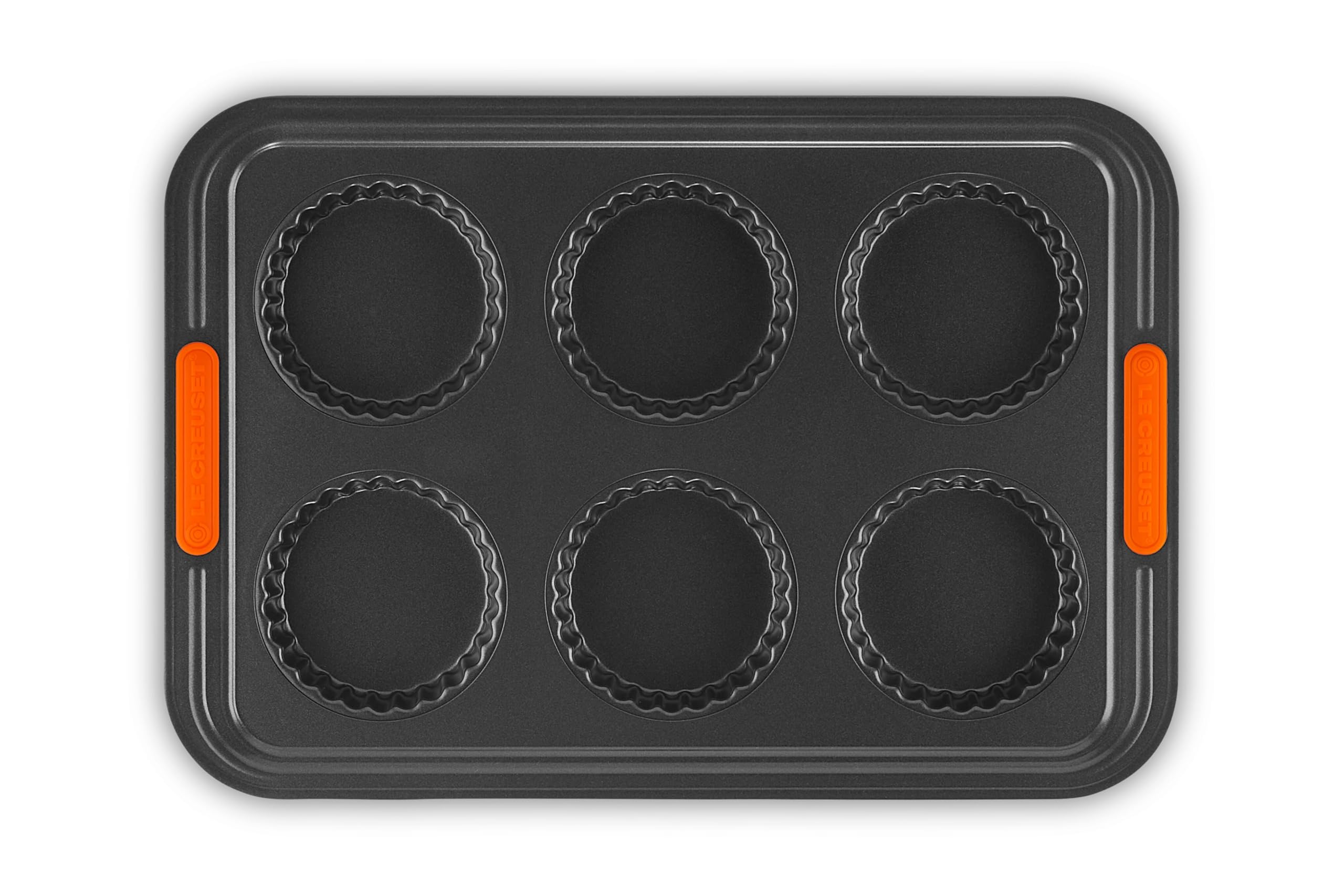 Le Creuset Non-Stick Carbon Steel Fluted Tart Tin Tray 6 Cup, Forged Aluminium, Black, 46055000010000