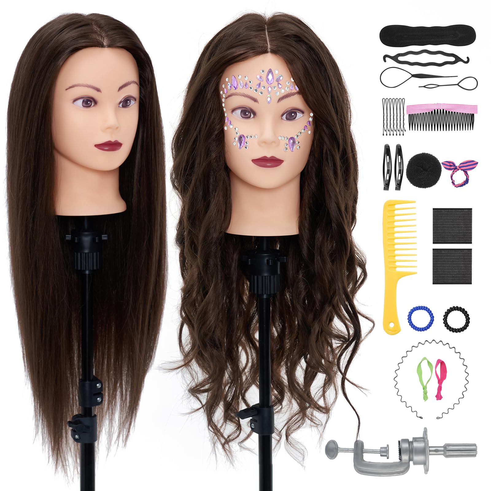 Neverland 28" Training head with 80% Real Human Hair Cosmetology Hairdressing Mannequin Doll Head with table clamp + Hairdressing Tools Accessories Set(Brown) — image 1
