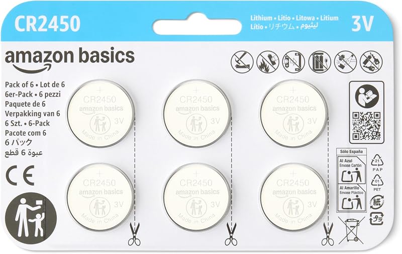 CR2450 Lithium-Knopfzellenbatterie, Leistung, frei von Quecksilber, 3 V, kindersichere Verpackung (zum Öffnen Schere verwenden), 6er-Pack