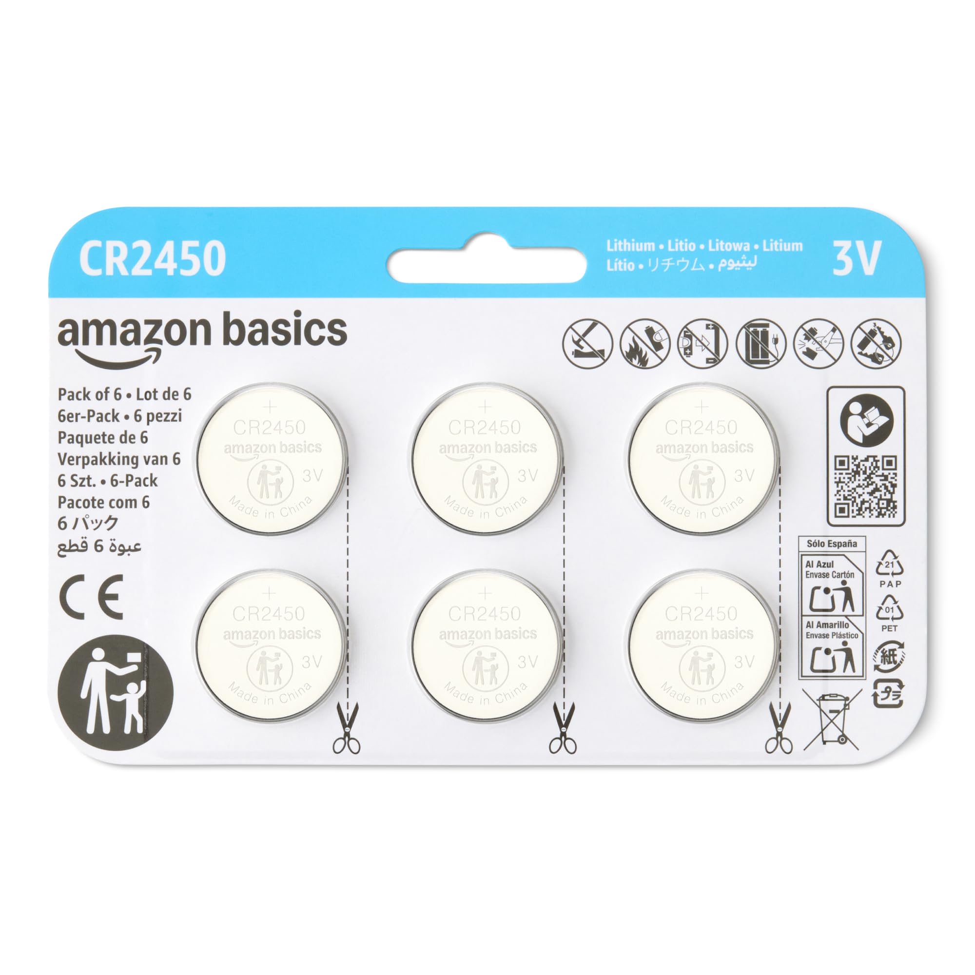 Amazon Basics CR2450 Lithium-Knopfzellenbatterie, Langlebige Leistung, frei von Quecksilber, 3 V, kindersichere Verpackung (zum Öffnen Schere verwenden), 6er-Pack