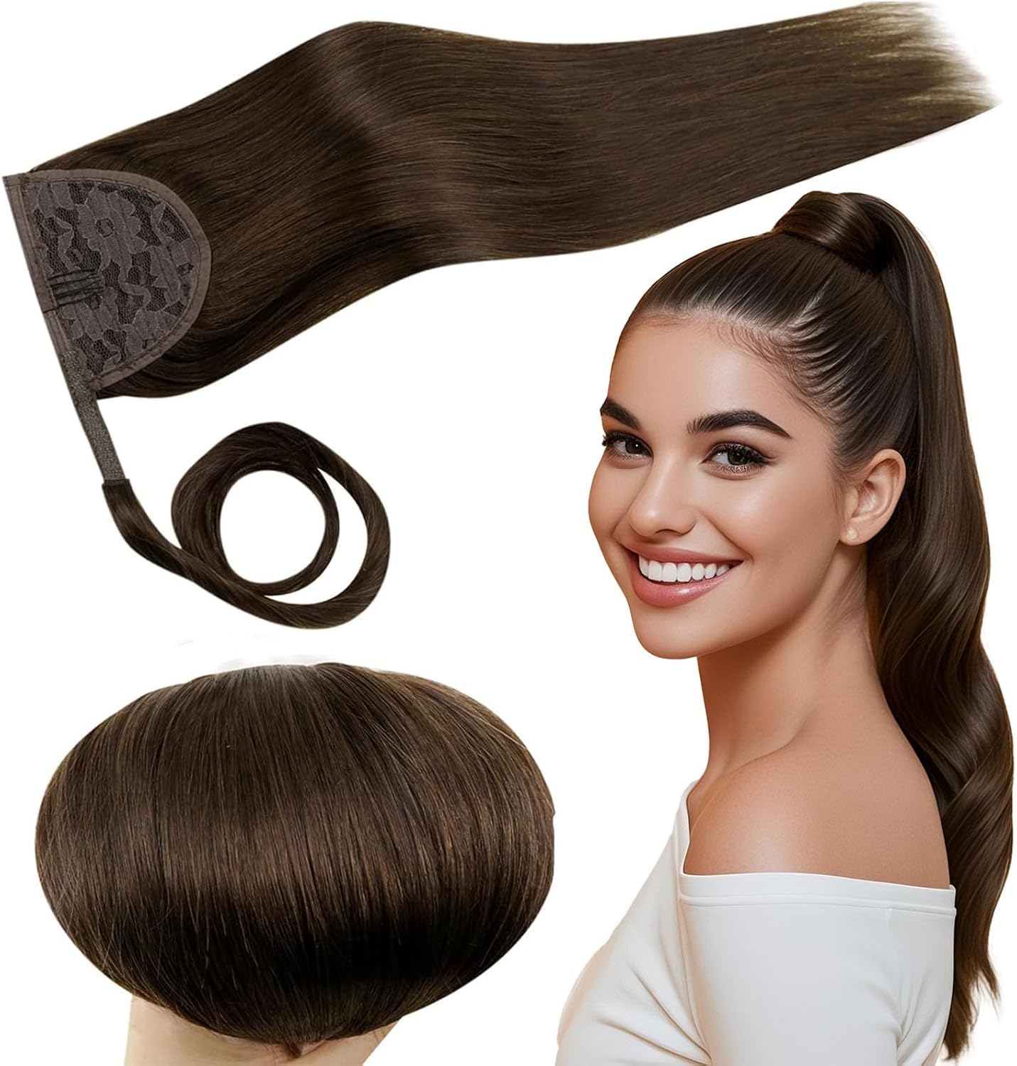 RUNATURE Human Hair Ponytail Extension Chocolate Brown Clip in Ponytail Hair Extensions Real Human Hair Straight Ponytail Extension Real Hair 70g 12 Inch