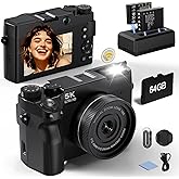 5K 75 MP Digital Camera for Photography with 18X Zoom, WiFi Autofocus Vlogging Camera with UHD Dual Lens, 64GB Card Point and Shoot Travel Cameras for Beginner and Teen 1 Charge for 2 Batteries, Gift