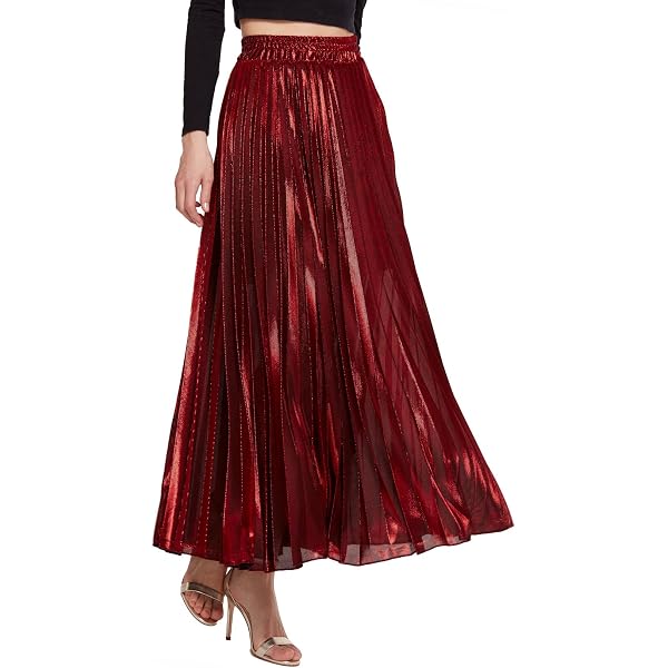 Jupe Plissée En Satin Métallique Femme - Taille Haute - Longueur Midi - Style Fluide Et Brillant