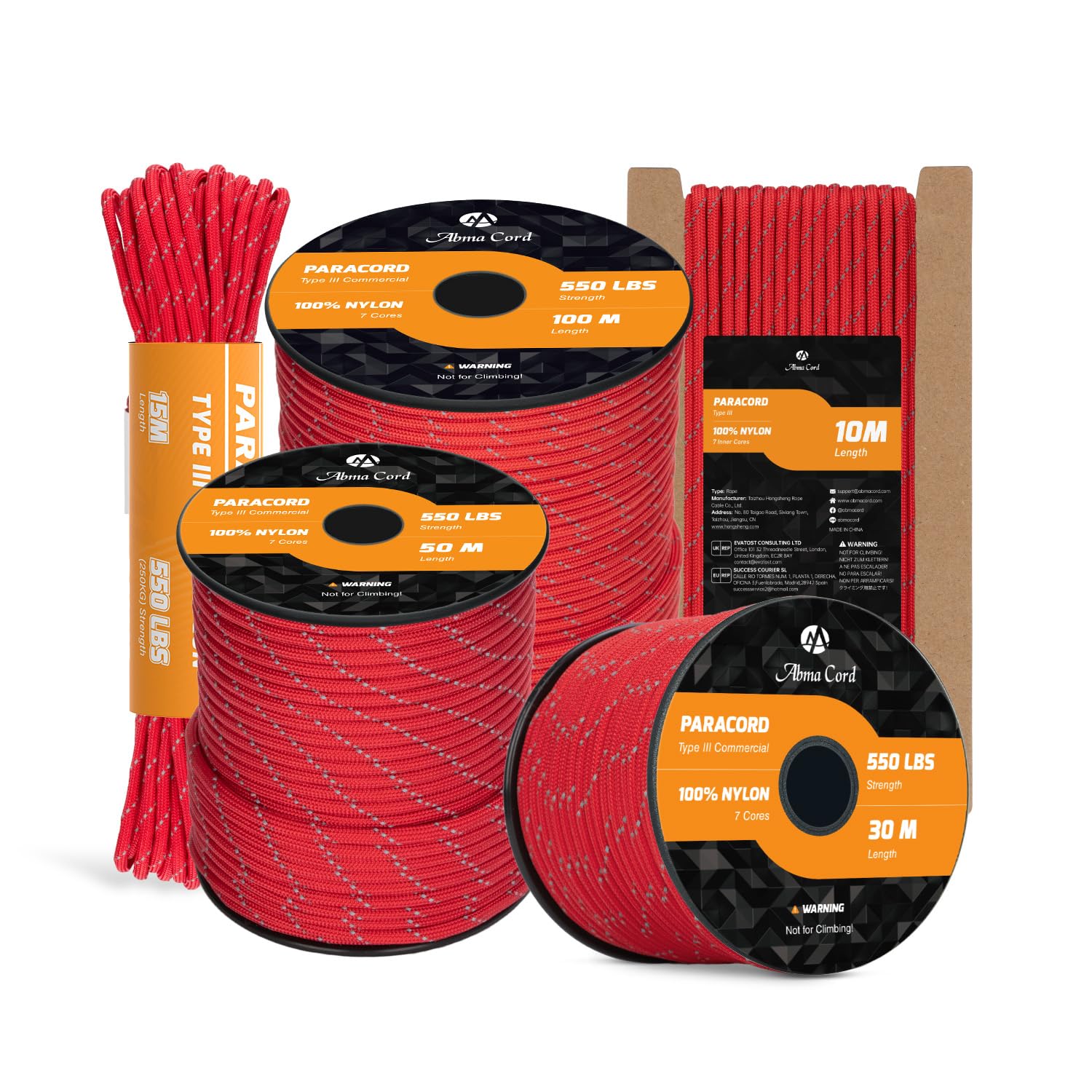 Abma Cord Paracord 550 4mm 15m 100% Nylon Rope Type III 7 Strands Parachute Cord for DIY, Camping, Survival, Outdoor - Max. 250kg - Reflective Red