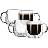 CNGLASS 12oz Double Walled Glass Coffee Mugs(4-pack),Large Clear Coffee Cups with Handle,Glass Espresso Mugs for Latte,Cappuccino,Tea