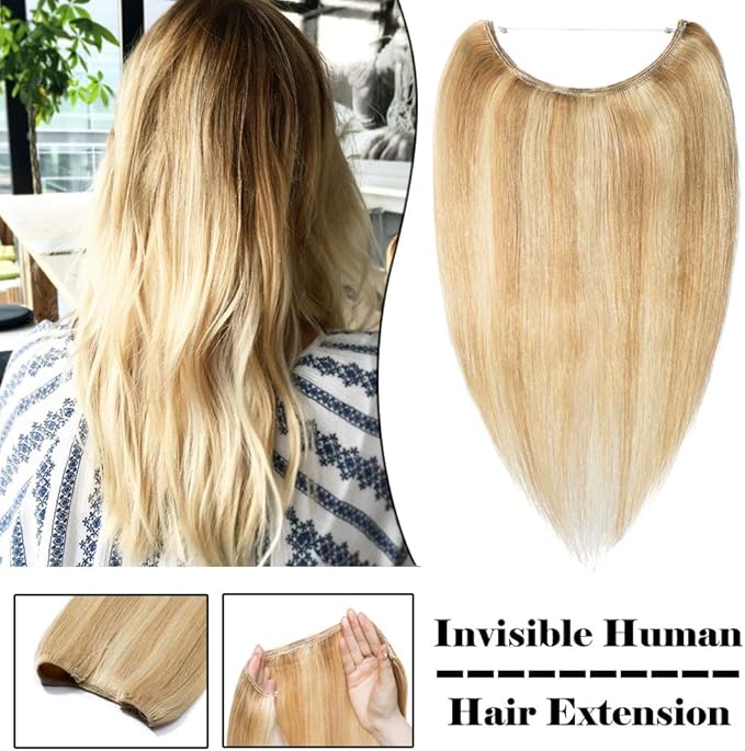 Invisible Human Hair Extension 18" Ash Blonde Mix Bleach Blonde Hidden Wire Fish Line