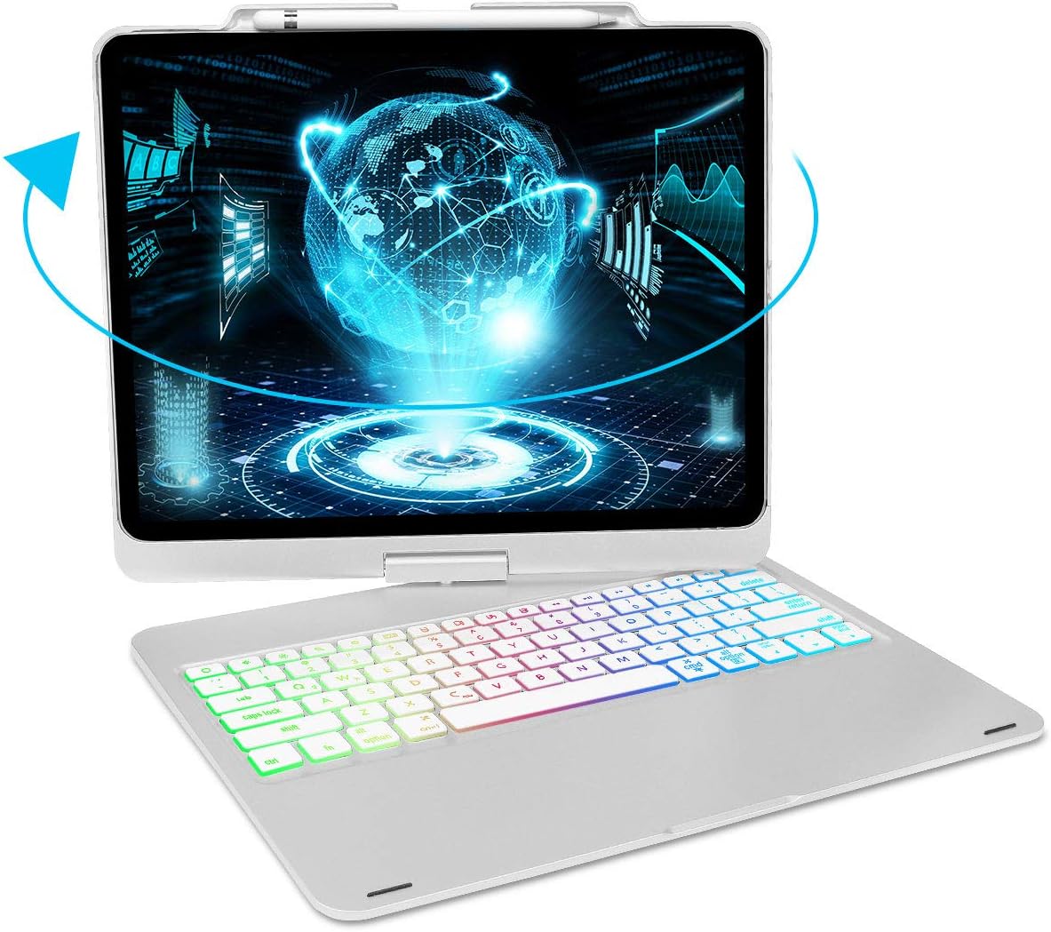 Keyboard Case for 2018 iPad Pro 12.9 Inch (3rd Generation), 7 Color Backlit Keyboard, 360° Rotatable, Wireless Bluetooth Connection, Auto Wake/Sleep, iPad Pro 12.9 Keyboard Case, Silver