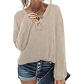 Balivsa Long Sleeve Shirts for Women V-Neck Button Down Lightweight Tops Blouses Sweaters Fashion Clothing