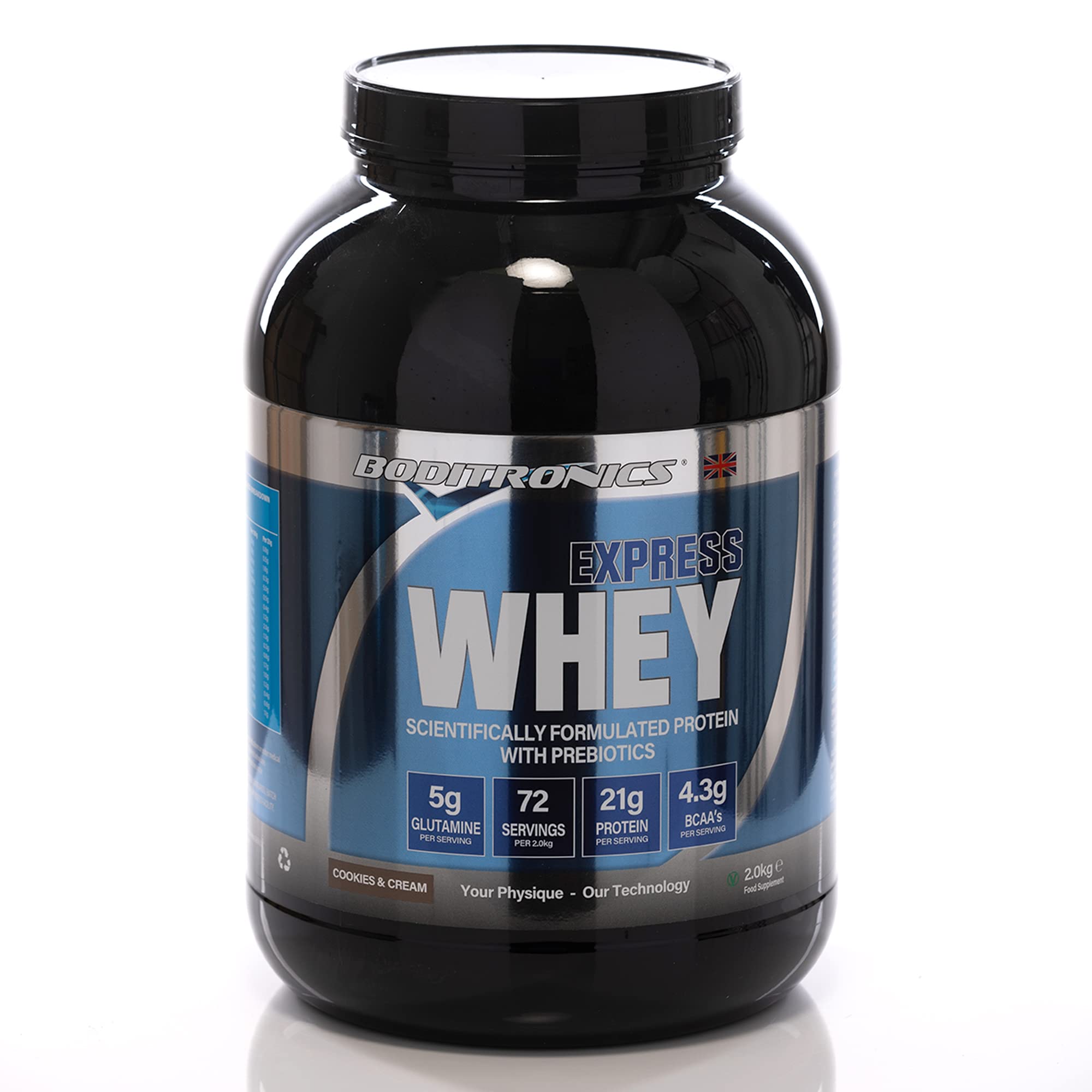 Boditronics Express Whey Protein Powder Muscle Building Powder with Dietary Fibre, BCAA, and High Levels of L-Glutamine Prebiotic Mass Gainer Whey Protein Isolate Protein Shakes Cookies & Cream, 2 kg