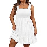 Talisea Women’s Plus Size Summer Dresses - Casual Eyelet Square Neck Sleeveless Smocked Ruffle A-Line Cute Short Sundress