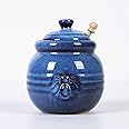 Cutiset Ceramic Honey Pot with Lid and Dipper, 20oz rustic Honey Jar (Blue)