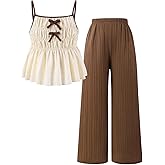 SHENHE Girl's 2 Piece Outfits Ruffle Peplum Ruched Babydoll Tank Camisole and Wide Leg Pants Set