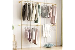 BOSURU Industrial Pipe Clothing Rack Wall Mounted,Clothes Racks with Double Hanging Rods for Closet Storage(Gold)
