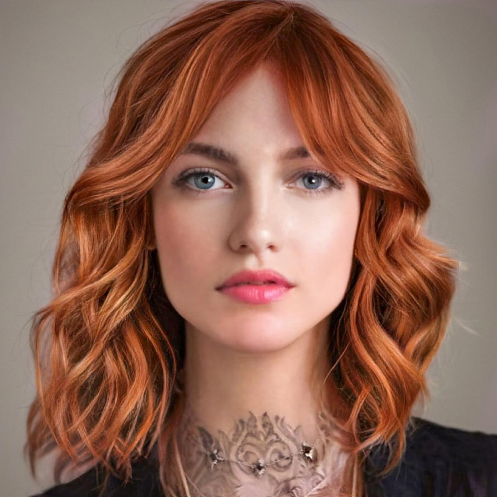 WOKESTAR Bob Curly Wig with Fringe, Short Synthetic Wavy Wigs for Women Red Ginger Color — image 1